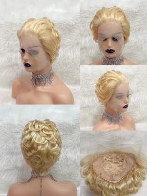613 Honey Blonde Wig Short Wavy Bob Pixie Cut Full Machine Made Non Lace Human Hair Wigs with Bangs for Black Women