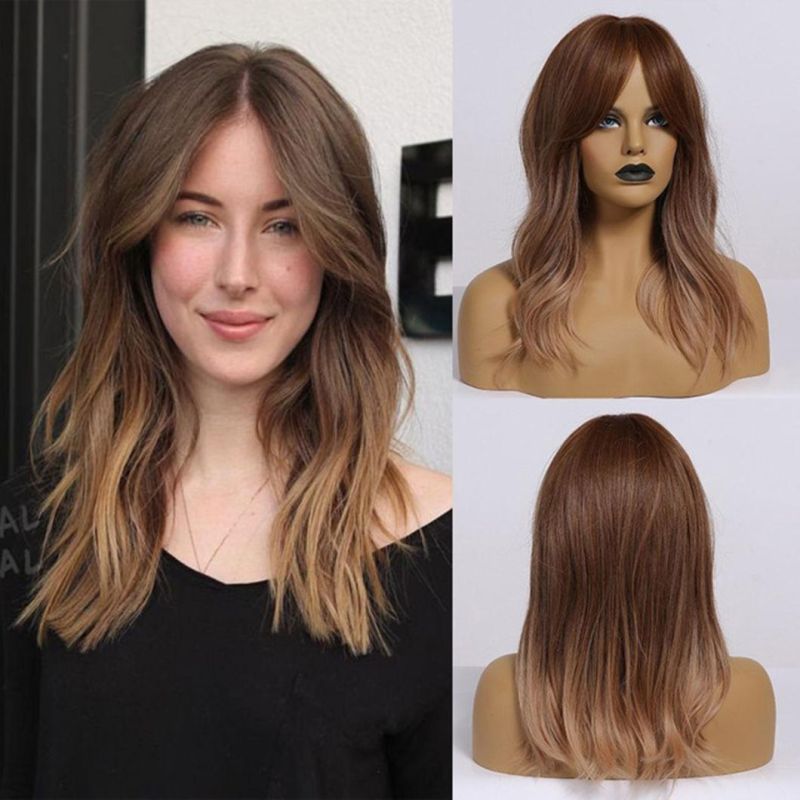 Long Natural Wave Brazilian Wig Black Light Brown Ombre Lace Front Hair Wig with Closure Bangs for Black White Women Daily Use Fluffy Wigs 22 Inch