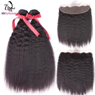 Kinky Straight Human Hair Weave Bundles with Lace Frontal