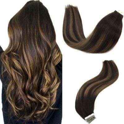 Hair Extensions Tape in Ombre Dark Brown to Chestnut Brown Balayage Real Remy Human Hair Extensions Tape in Natural Hair 20PCS 50g