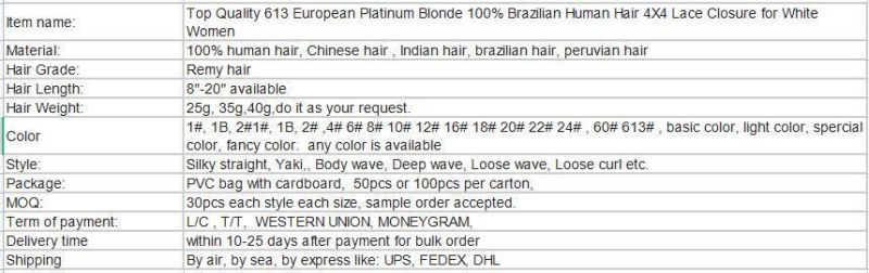 Top Quality 613 European Platinum Blonde 100% Brazilian Human Hair 4X4 Lace Closure for White Women