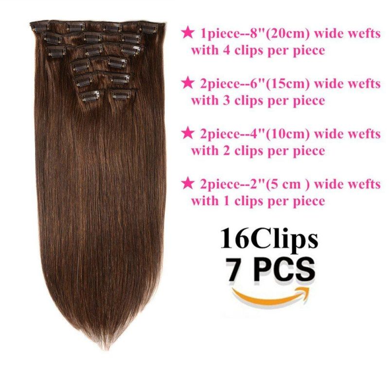 Kbeth Human Hair Extension Clip in #2 Color Dark Brown Brazilian Real Hair Clips on Extension Long Straight Hair Double Weft Human Hair Extensions