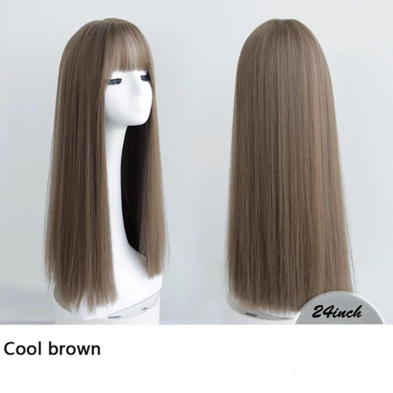 Brazilian Human Hair Lace Front Women Wig Female Hair Wigs with Closure with Bang Cosplay Black Long Straight Wig 24 Inch