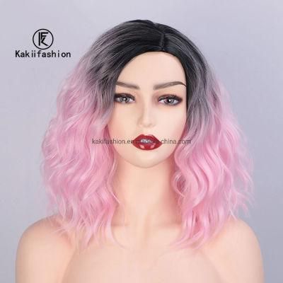 Kakiifashion Hair 14 Inch Vendor Cheap Wholesale Cosplay Curly Water Wave Ombre Pink for Black Women Synthetic Hair Wigs