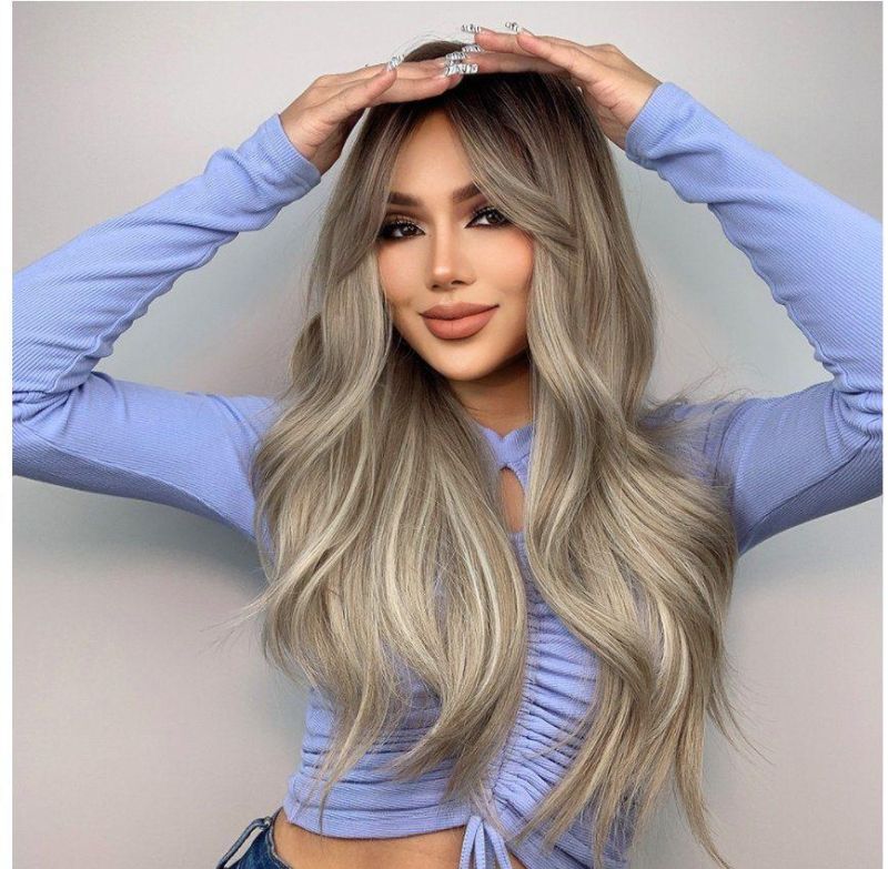 Freeshipping Long Wavy Gray Ash White Synthetic Wig with Bangs Cosplay Daily Party Wig for Women Heat Resistant Hair Dropshipping Wholesale