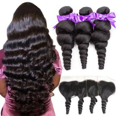 Kbeth 20 Inch Loose Wave Human Hair Bundles with 4X4 Lace Frontal Natural Black Human Hair Wefts Wholesale