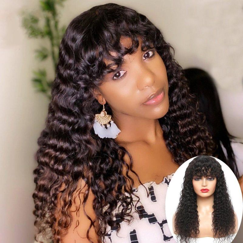 Water Wave Machine Made Human Hair Wigs with Bangs