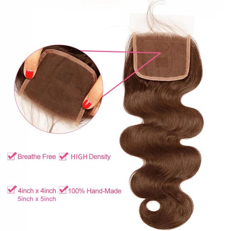 Color 4# Light Brown Body Wave Bundles with 4X4 Lace Closure Free Part Brazilian Hair Weave 100% Remy Human Hair