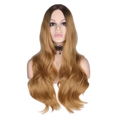Ombre Long Wavy Wig Natural Two Tone Middle Part Heat Resistant Fiber Hair Wig Synthetic Wigs 26 Inches for Women