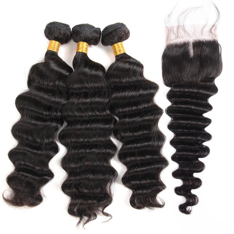 Unprocessed Hair Weaving Loose Deep Wave Bundles with Closure Brazilian Hair Bundles with Closure Remy 100% Human Hair Bundles with Lace Frontal Closure