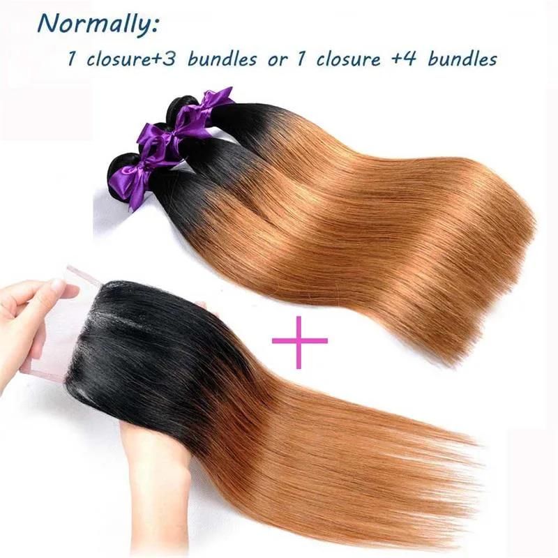 Brazilian Hair Straight Women Hair Weave Color 1b/30 100% Human Hair Bundles with Closure Free Shipping 16"