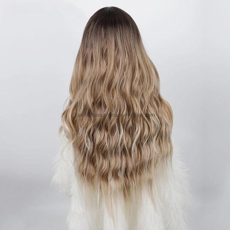 Heat Resistant Synthetic Fiber Lace Hair Wig with Ombre Brown Dark Root Curly Long Body Wavy