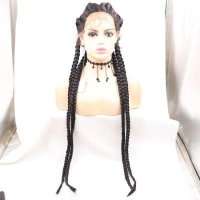Hand Braided Synthetic Lace Cornrow Wigs 4 Long Ponytails Soft Lace Frontal Twist Braided Wigs with Baby Hair