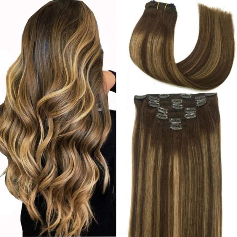 Clip in Brazilian Human Hair Extensions Full Head Remy Human Hair Straight Hair Extensions Multi Color 20 Inches