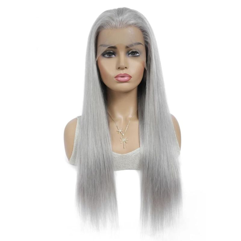 Brazilian Lace Front 13X4 Human Hair Wigs Straight Grey Lace Front Wig Pre Plucked Silver Gray Long Remy Hair Wigs 150% Density 28 Inches