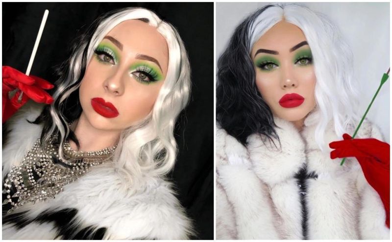 Black White Wigs for Cruella Women 14‘ ’ Short Bob Wavy Soft Hair Wig, Cute Wigs for Party Cosplay with Comfortable Wig Cap
