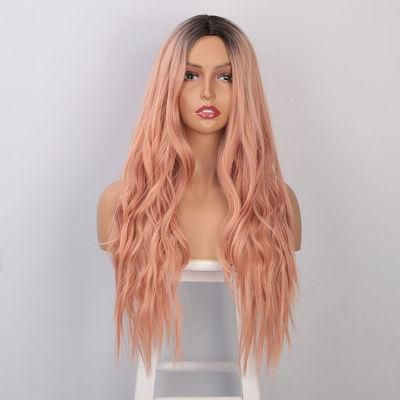 Kaki Hair Wholesale 26inch Ombre Coral Long Body Wavy Synthetic Hair Wigs for Women