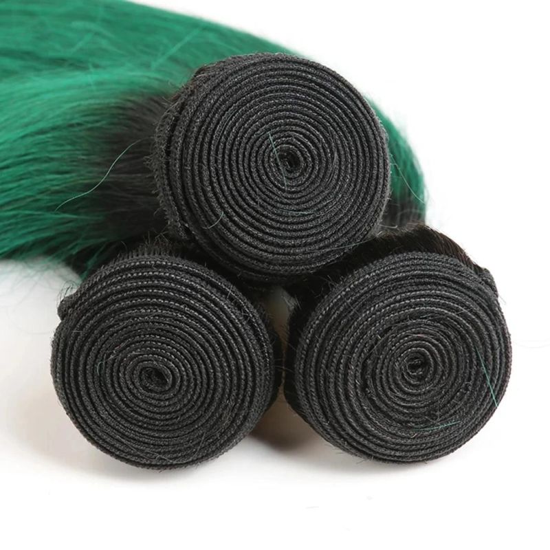 Brazilian Straight Hair Weave 3/4 Bundles with Closure 1b/Green Color 10-30 Inch Remy Human Hair Bundles with Closure