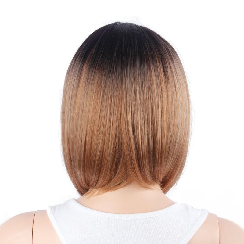 Short Ombre Brown Heat Resistant Synthetic Fiber Silky Straight Hair Wigs