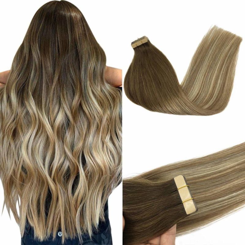 20 Inch Brown to Blonde Tape in Hair Extensions Human Hair Balayage Walnut Brown to Ash Brown and Bleach Blonde Remy Human Hair Extensions 20PCS 50g Straight Ta