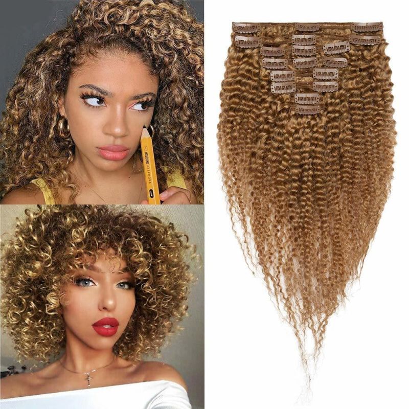 Kbeth Human Hair Extension for African American Black Women #27dark Blonde Afro Kinky Curly Clip in 100% Unprocessed Remy 8PCS/Set 120g Human Hair Extensions
