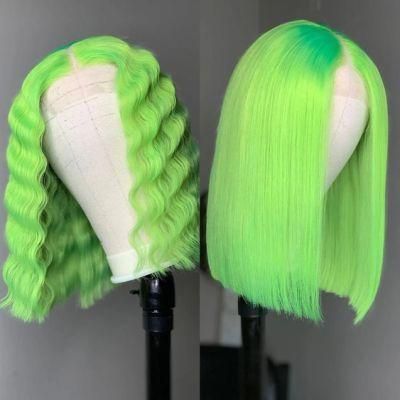 Lace Part Short Green Human Hair Wigs Straight and Deep Wave Middle Wig for Black Women Pre Plucked with Baby Hair 13X4X1 Lace 12 Inches