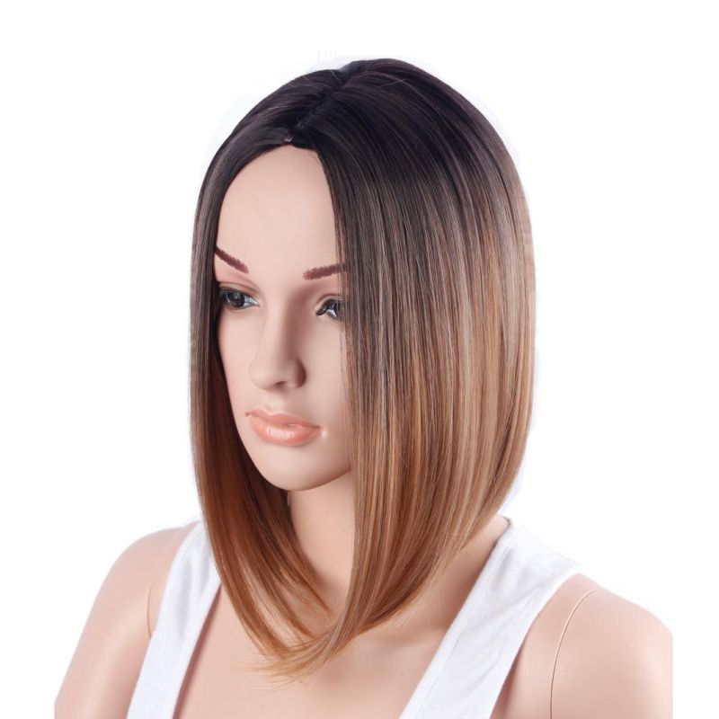 Short Ombre Brown Heat Resistant Synthetic Fiber Silky Straight Hair Wigs