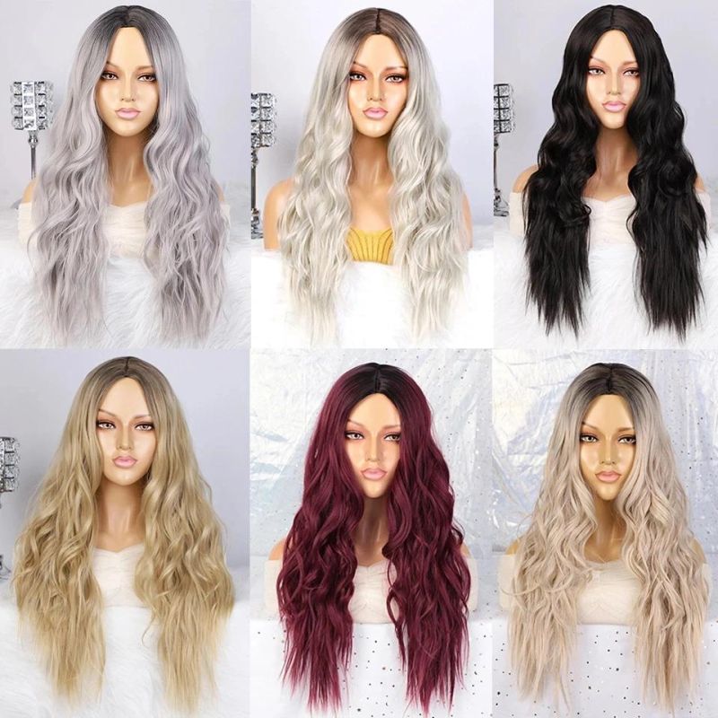 Ombre Platinum Blonde Synthetic Long Water Wave Wigs for Women
