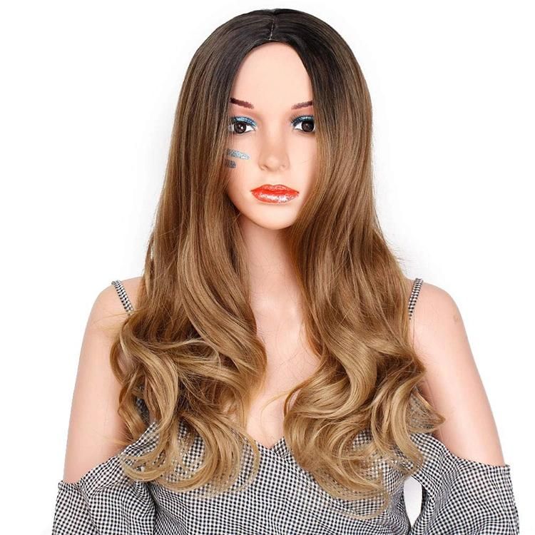 High Quality Body Wave Ombre Brown Dark Root Wigs Middle Part Long Wavy Synthetic Hair Wigs