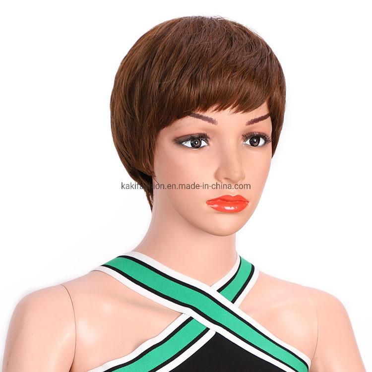 Kakiifashion Hair Vendor Wholesale Short Pixie Cut Curly Wave Brown Synthetic Wig with Bangs for Black Women