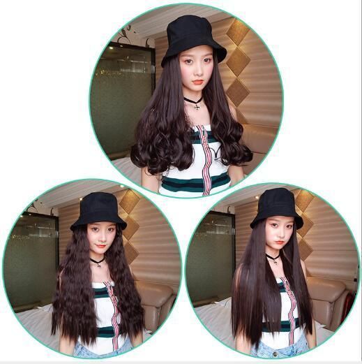 2020 Black Color 22′′ Popular Fashion Synthetic Wig with a Fisherman Bucket Hat for Young Ladies