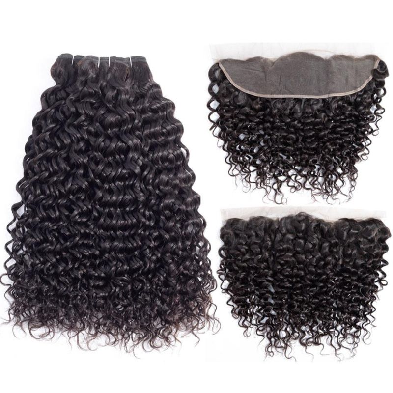 Virgin Human Hair Extensions Water Wave Bundles with Lace Frontal Closure