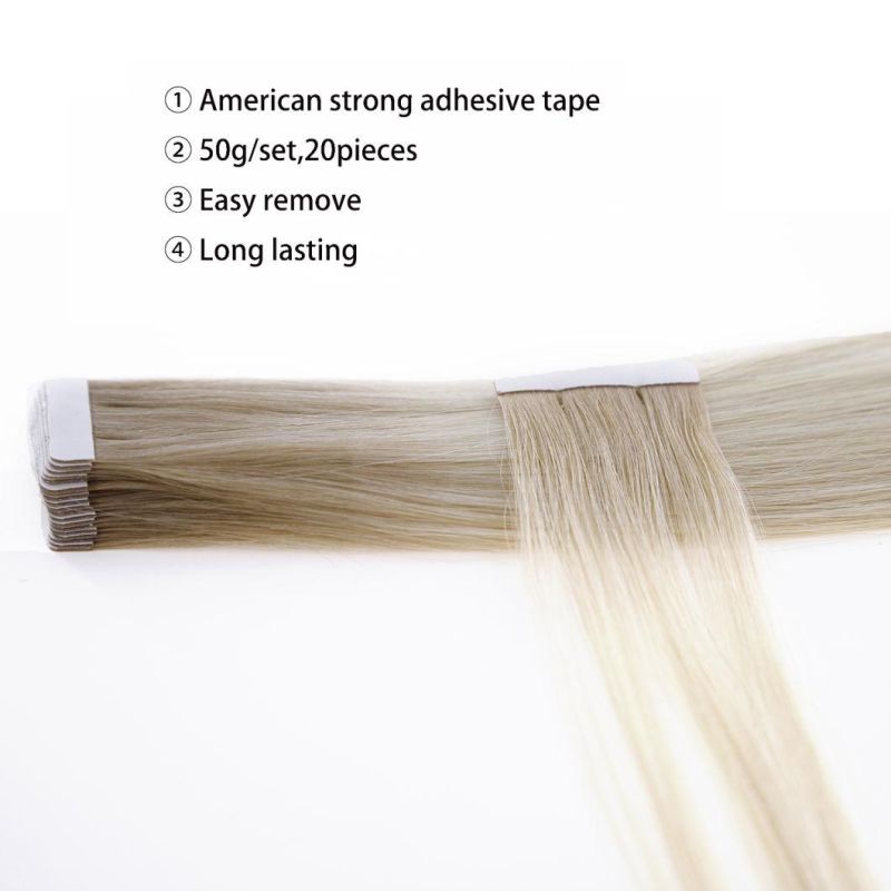 Tape in 100% Human Balayage Blonde Color Omber Skin Weft Machine Remy Hair Extensions