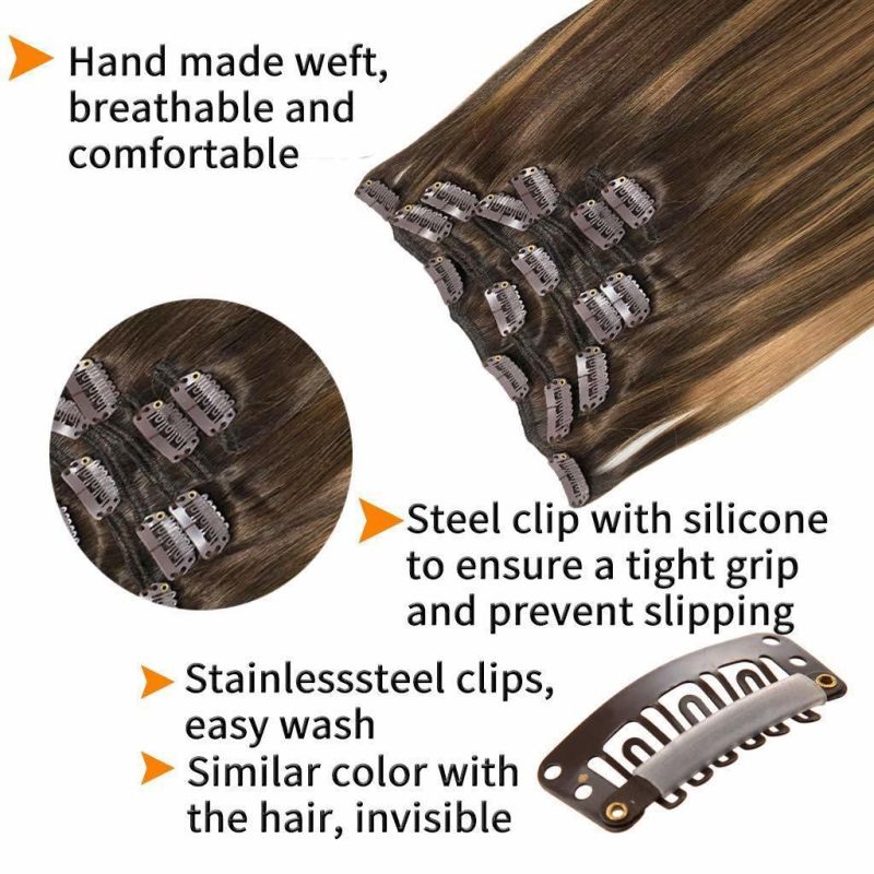 16 Inch Clip in Hair Extensions Ombre Chocolate Brown to Caramel Blonde Remy Clip in Human Hair Extensions Straight Real Natural Hair Extensions 120g 7PCS