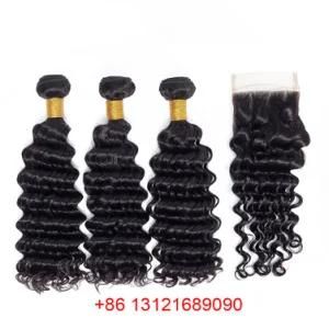 Deep Wave Human Hair Bundles with Closure 4PCS/Lot Brazilian Hair Weave Bundles with Closure Remy Hair Extension