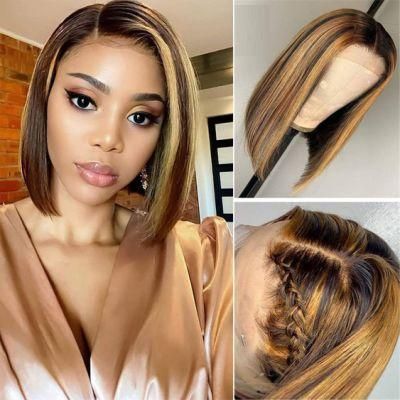 10A Short Bob Wig Lace Front Wig 13X4 Brazilian Human Hair Ombre Color Wig Brown Honey Blonde
