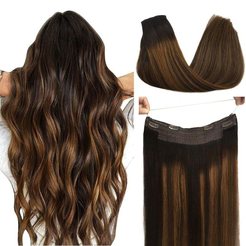 Hair Extensions Dark Brown to Chestnut Brown 18 Inch Natural Real Hair Extensions Hidden Crown Wire Hair Extensions with Invisible Fish Line Straight