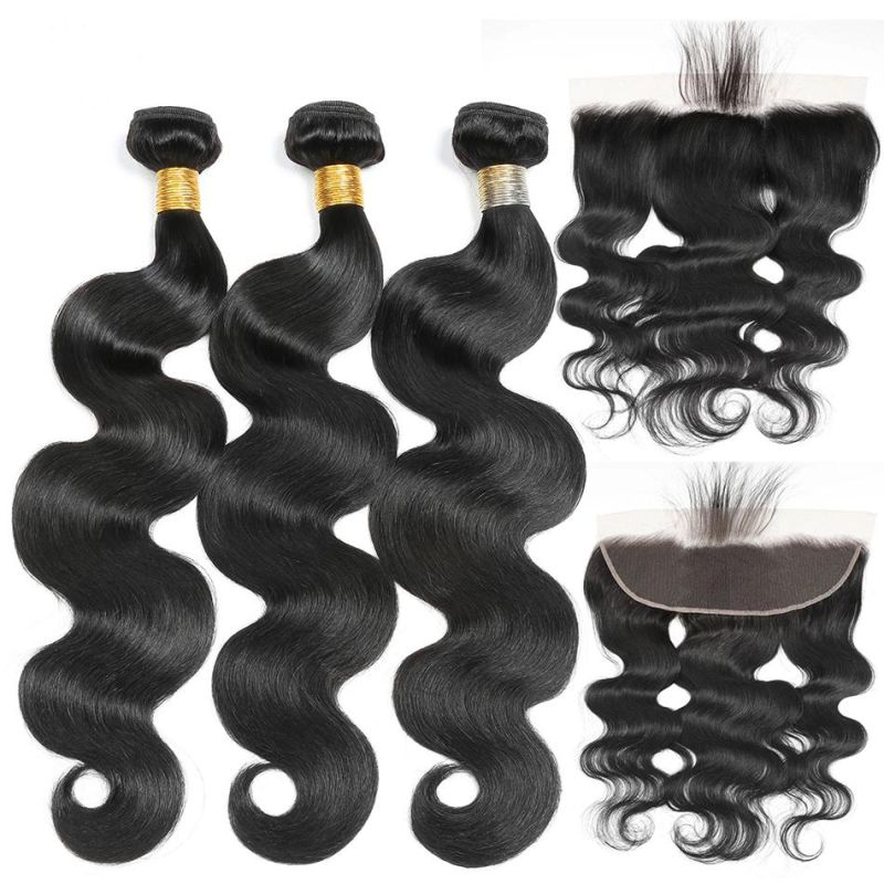 Body Wave Bundles with Frontal 13X4 Lace Frontal with Bundles Peruvian 100% Human Hair Bundles with Frontal Closure for Women