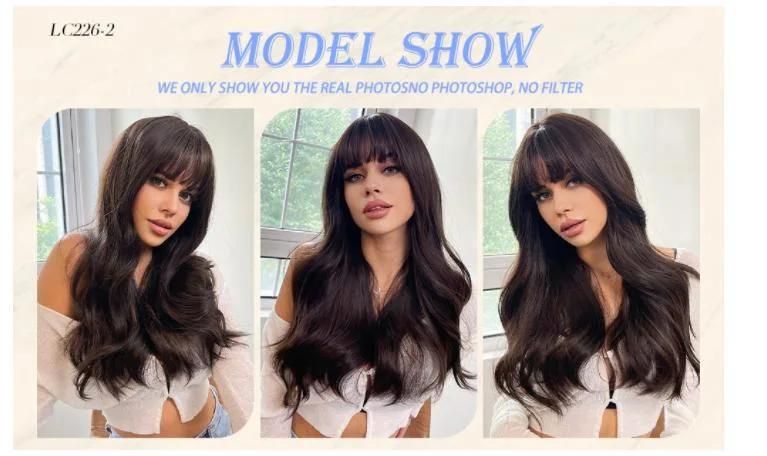 Freeshipping Natural Dark Brown Black Wig Long Deep Wave Synthetic Wig with Bangs Cosplay Heat-Resistant Wig for Woman Dropshipping Wholesale