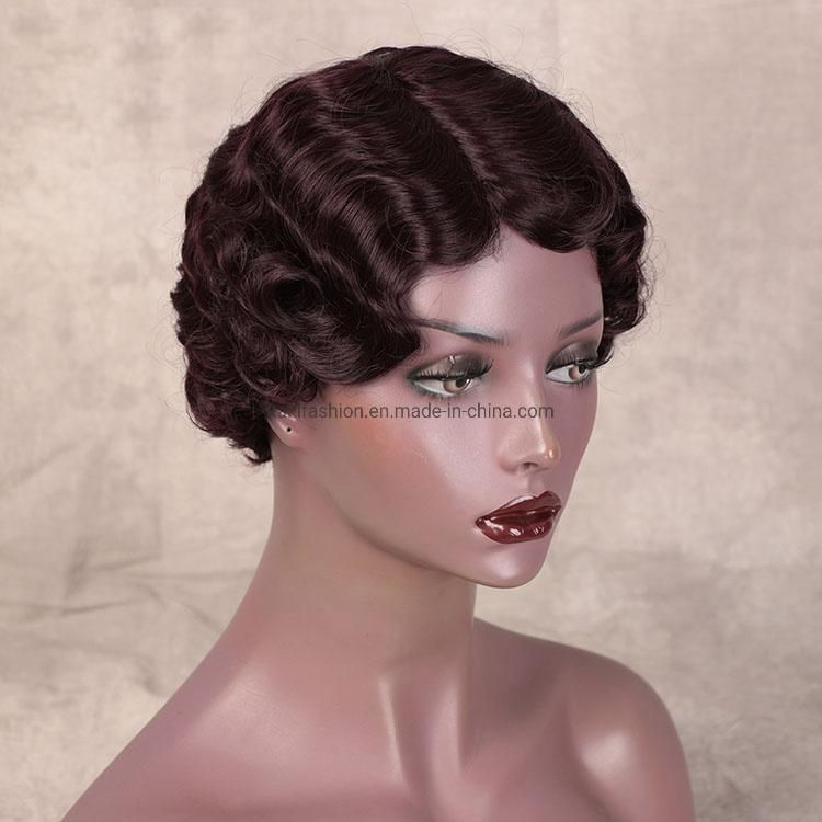 Wholesale Short Pixie Cut Finger Wave Wine Red Wig with Bangs for Black Women Synthetic Hair Wigs