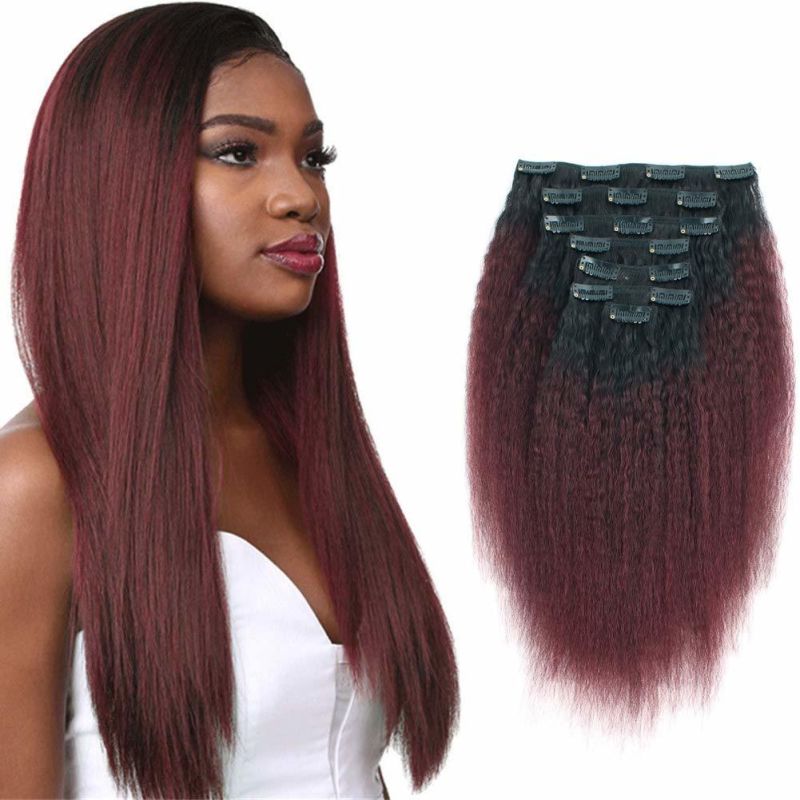 Kbeth Human Hair Extension Clip in for Black Women Weave Remy Long Yaki Raw Kinky Straight 100% Unprocessed Remy Red Wine Color Human Hair Extensions Silky