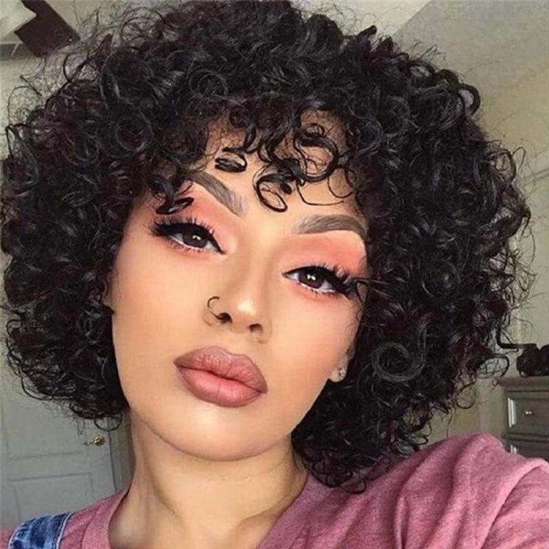 Kbeth Scalp Base Top Full Machine Made Cheap Jerry Mongolian Curly Human Hair Wigs Short Remy Brazilian Pixie Wigs with Bangs