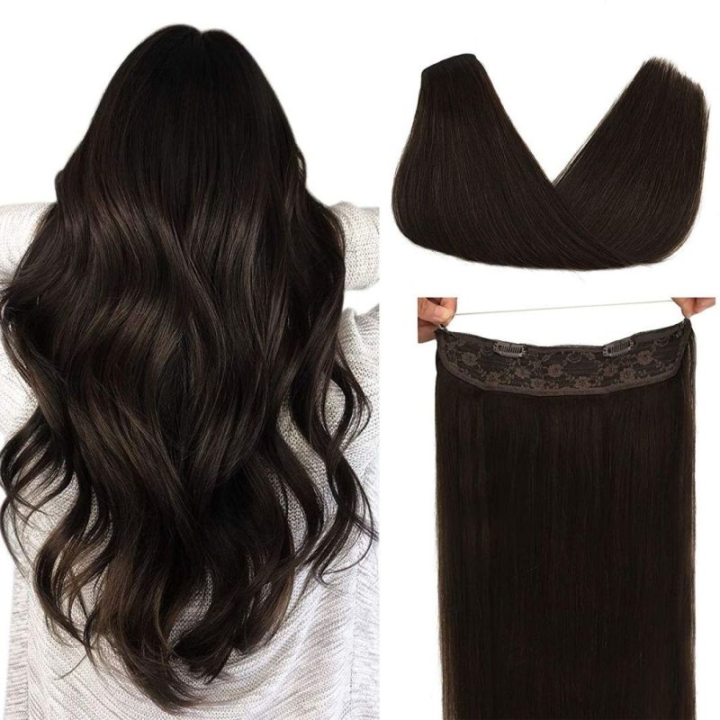 Hair Extensions Human Hair Dark Brown 20 Inch Remy Wire Hair Extensions Hairpiece Straight Natural Hidden Crown with Transparent Fish Line Invisible