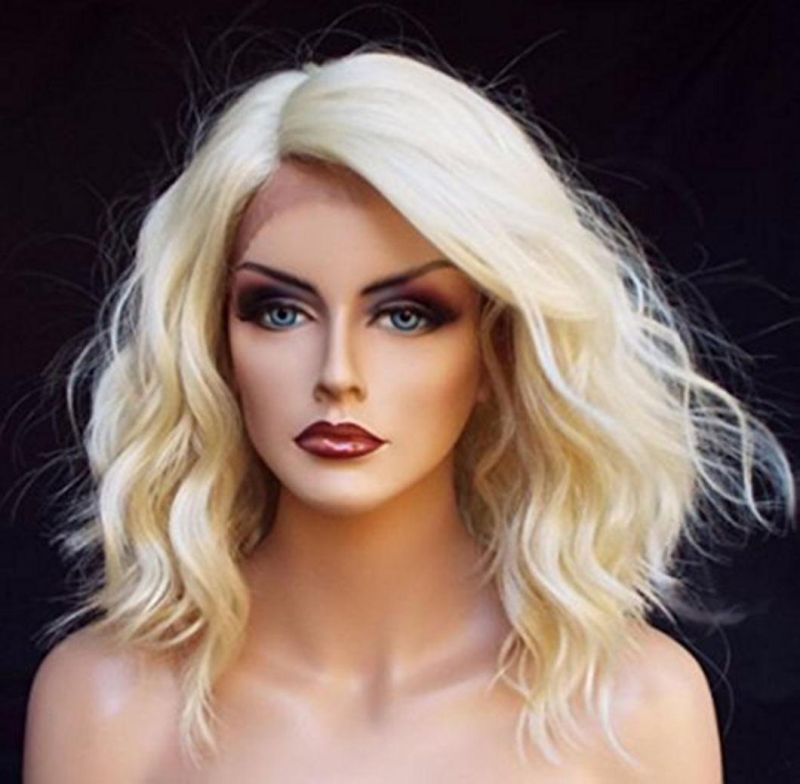 Lace Front Wig with Closure Women Short Platinum Blonde Wavy Lace Human Peruvian Hair Wigs for Woman 14 Inch