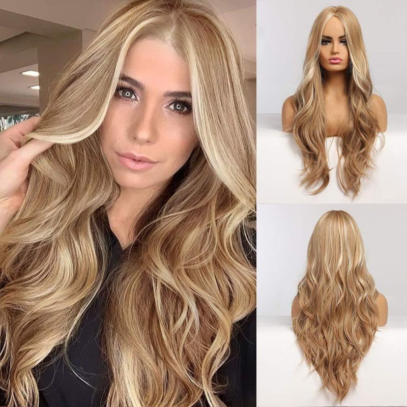 Blonde Wig for Women Long Natural Wave Synthetic Wigs Middle Part Heat Resistant Hair