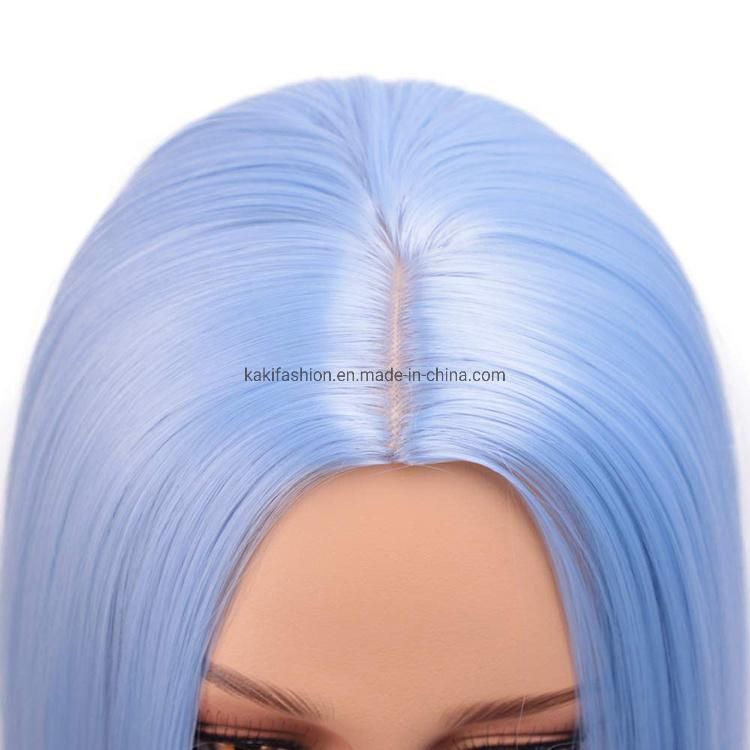 Kakiifashion Hair Blue Color Wholesale Heat Resistant Short Bob Silly Straight Synthetic Hair Wigs