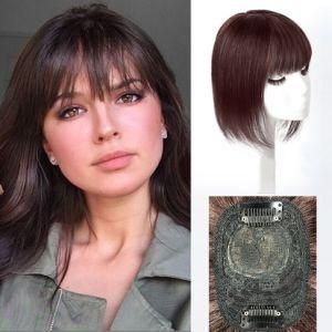 100% Real Dark Brown Human Hair Clip in Hair Toppers Hairpieces with Bangs for Women Silk Base Crown Top Hair Pieces Extentions (8 inch 2.7&quot;*3.9&quot;)