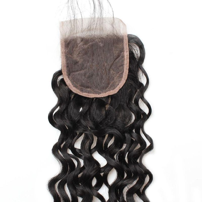 7A 4*4 Virgin Lace Frontal Closure Non-Remy Water Wavy Free Part Hair Weave #Black
