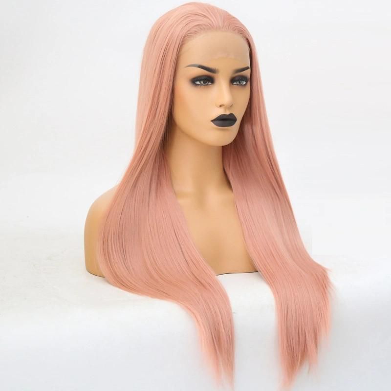 China Wig Synthetic Fiber Lace Frontal Long Straight Pink Natural Hair Wig