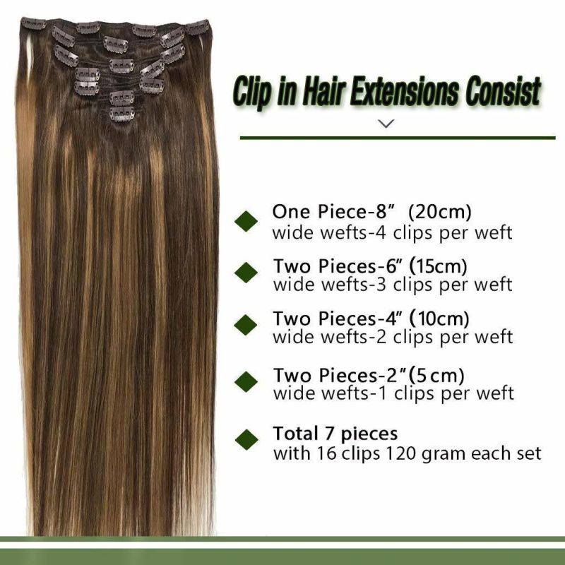 24 Inch Clip in Hair Extensions Ombre Chocolate Brown to Caramel Blonde Remy Clip in Human Hair Extensions Straight Real Natural Hair Extensions 120g 7PCS